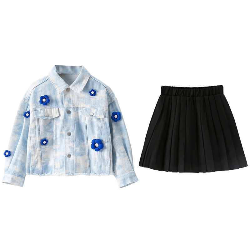 Girls Blue & Black Printed Pure Cotton Shirt with Skirt
