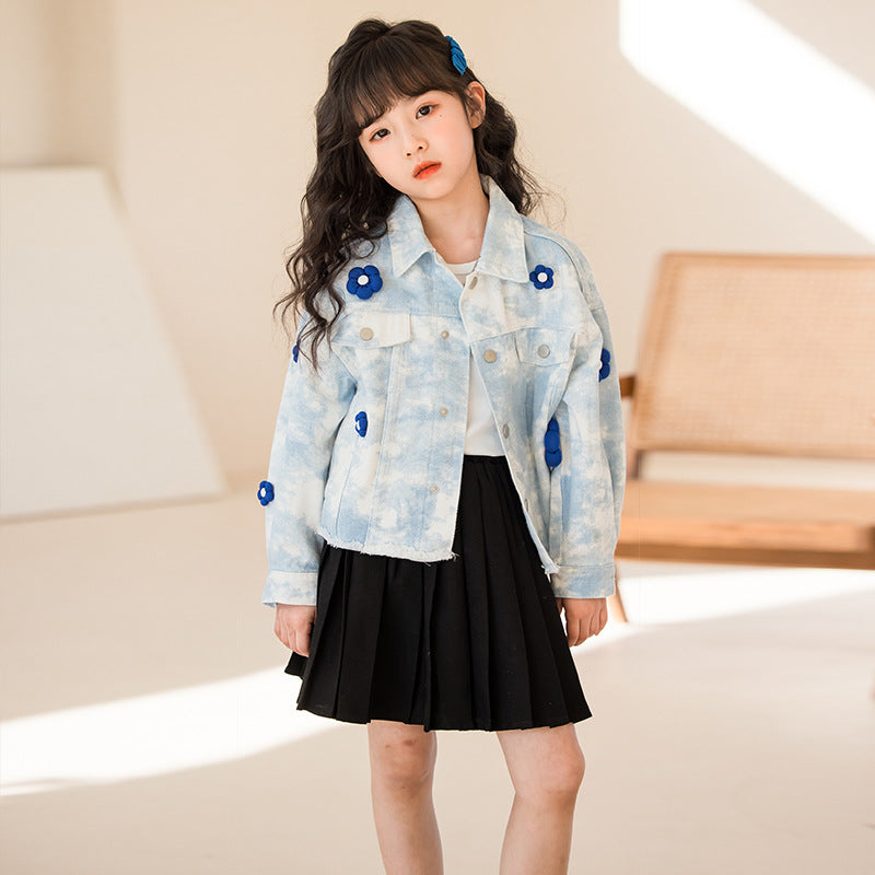 Girls Blue & Black Printed Pure Cotton Shirt with Skirt