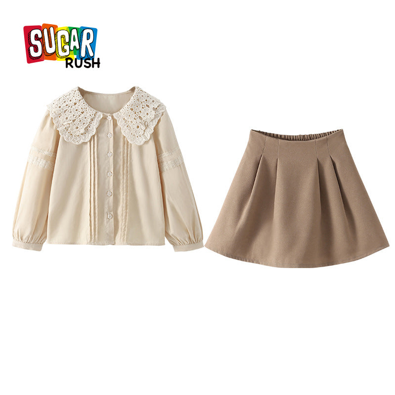 Girls Khaki Lace Insert Pure Cotton Top with Skirt