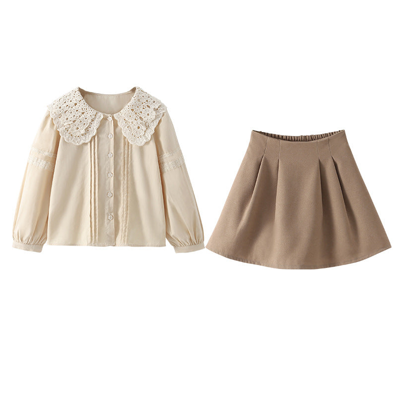 Girls Khaki Lace Insert Pure Cotton Top with Skirt