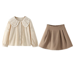 Girls Khaki Lace Insert Pure Cotton Top with Skirt