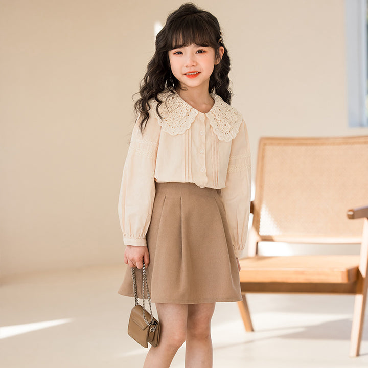 Girls Khaki Lace Insert Pure Cotton Top with Skirt