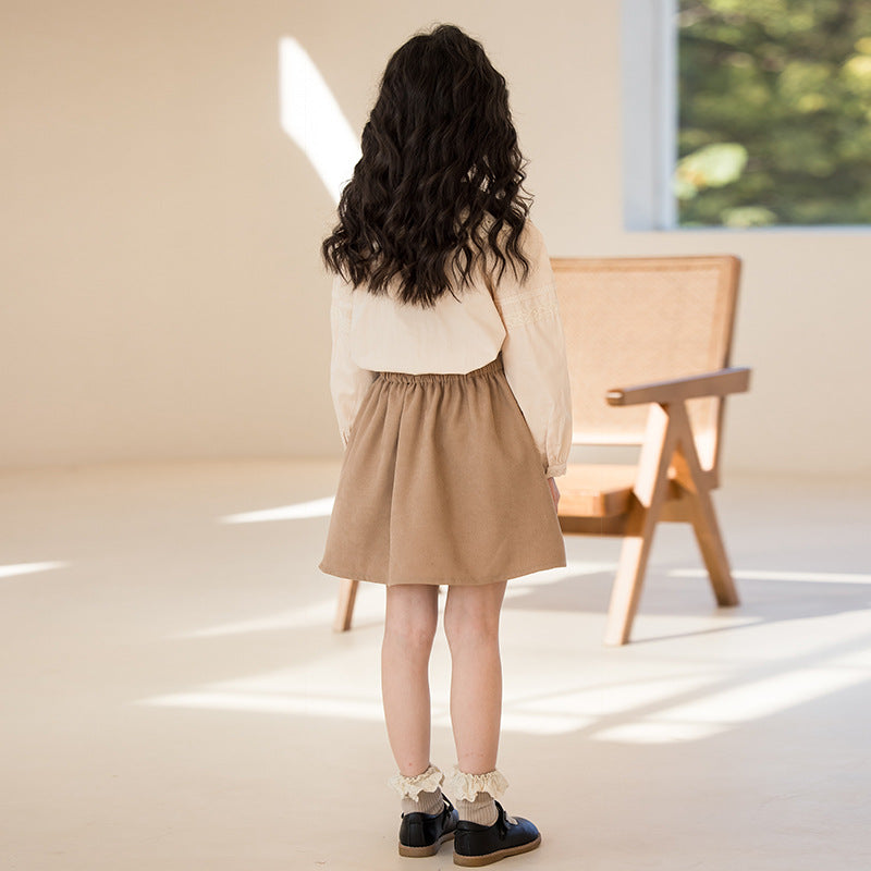 Girls Khaki Lace Insert Pure Cotton Top with Skirt
