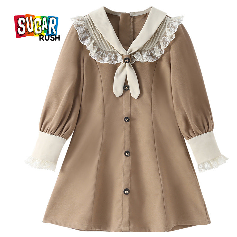 Girls Khaki Tie-Up Neck Puff Sleeve Ruffled A-Line Cotton Dress