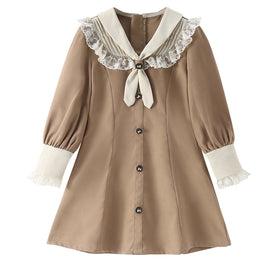 Girls Khaki Tie-Up Neck Puff Sleeve Ruffled A-Line Cotton Dress
