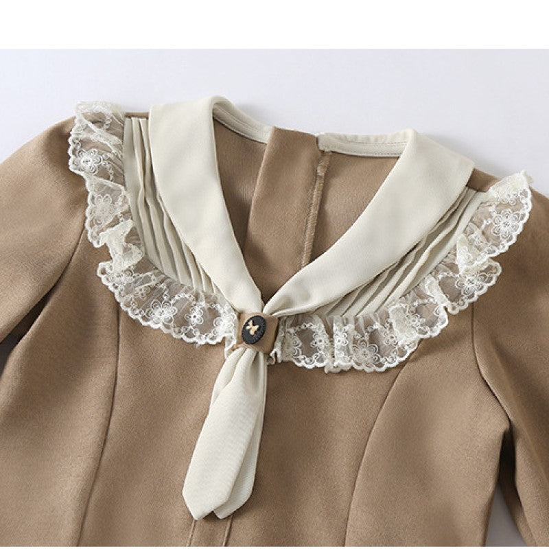 Girls Khaki Tie-Up Neck Puff Sleeve Ruffled A-Line Cotton Dress