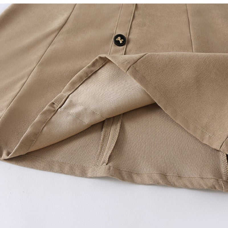 Girls Khaki Tie-Up Neck Puff Sleeve Ruffled A-Line Cotton Dress