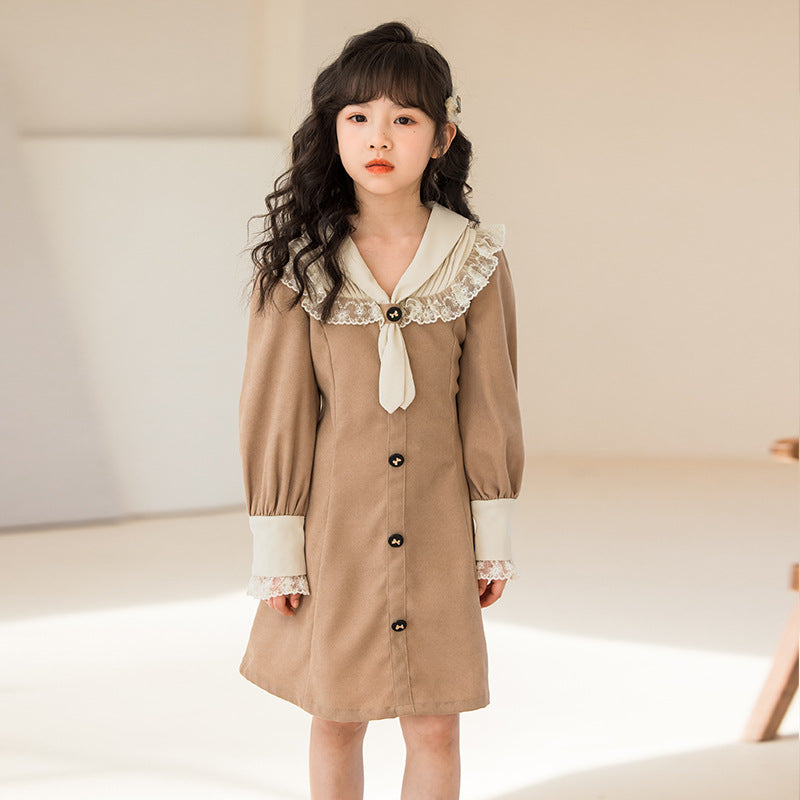 Girls Khaki Tie-Up Neck Puff Sleeve Ruffled A-Line Cotton Dress