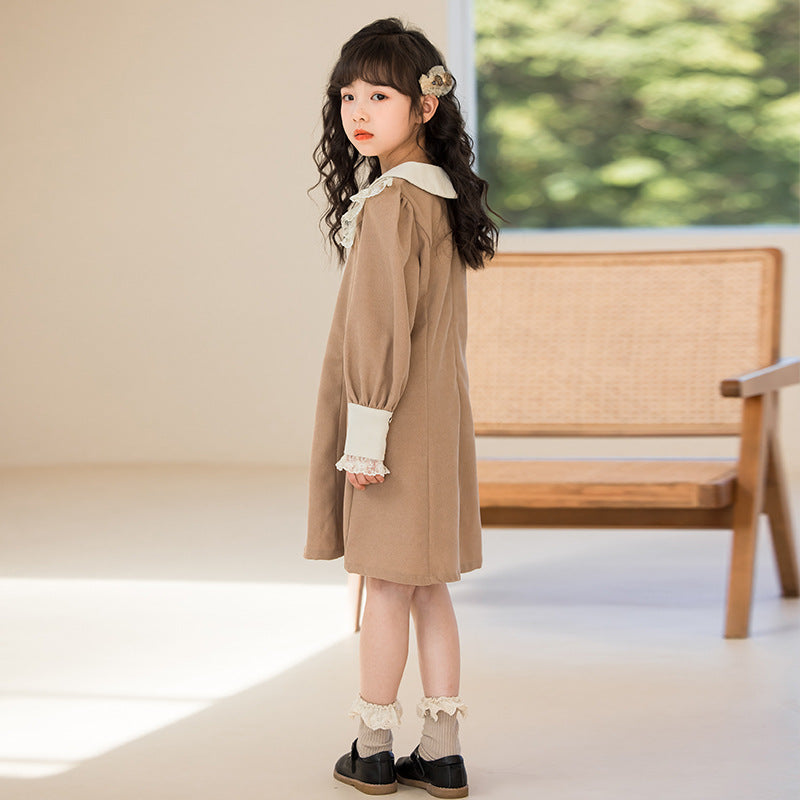 Girls Khaki Tie-Up Neck Puff Sleeve Ruffled A-Line Cotton Dress