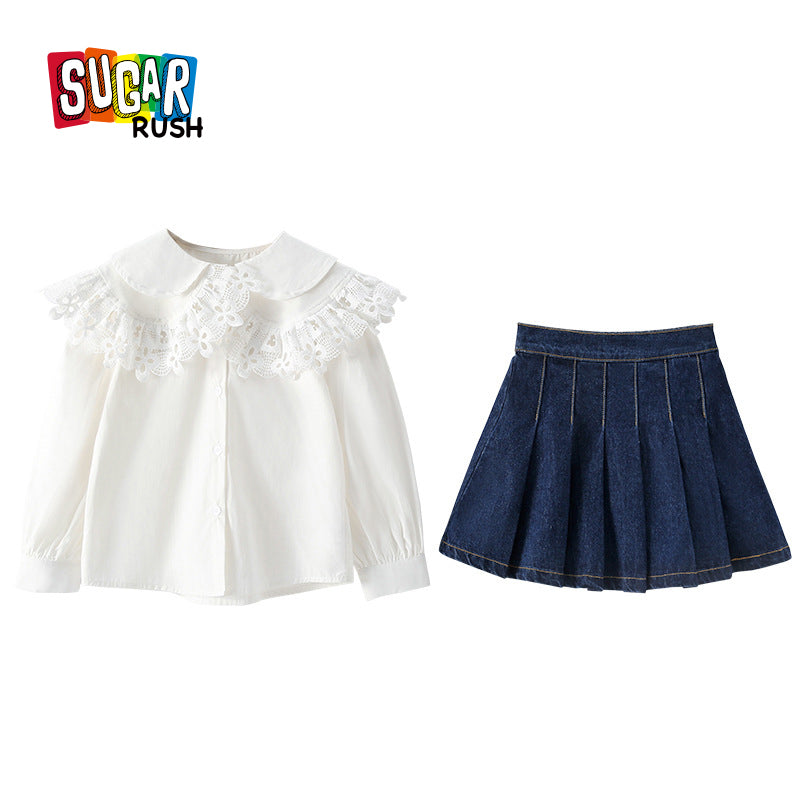 Girls White Above The Keyboard Collar Neck Pure Cotton Shirt with Skirt