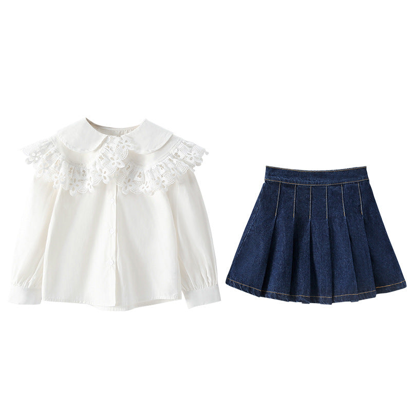 Girls White Above The Keyboard Collar Neck Pure Cotton Shirt with Skirt