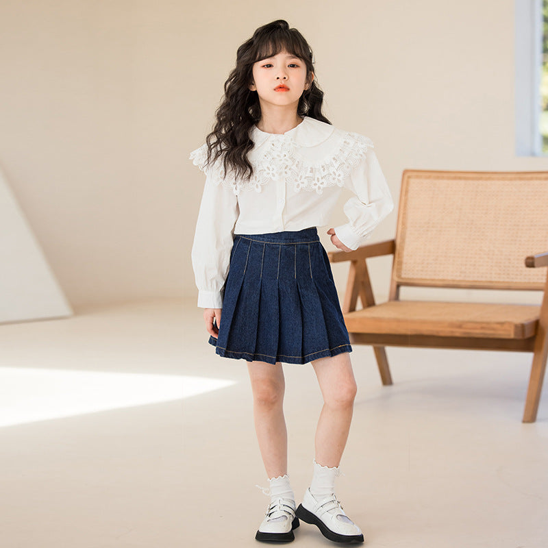 Girls White Above The Keyboard Collar Neck Pure Cotton Shirt with Skirt