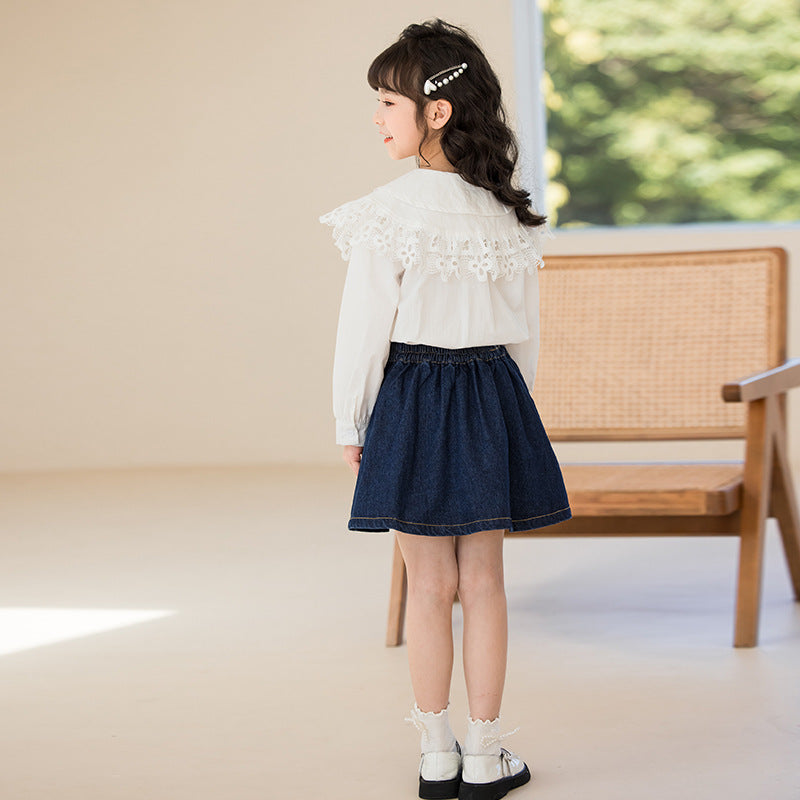 Girls White Above The Keyboard Collar Neck Pure Cotton Shirt with Skirt