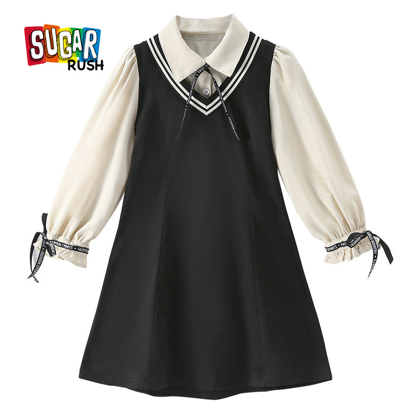 Black Girls Colourblocked Puff Sleeve Bow Detailed Cotton Shirt Midi Dress