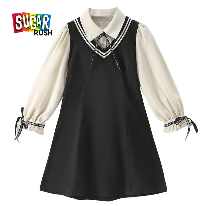 Black Girls Colourblocked Puff Sleeve Bow Detailed Cotton Shirt Midi Dress