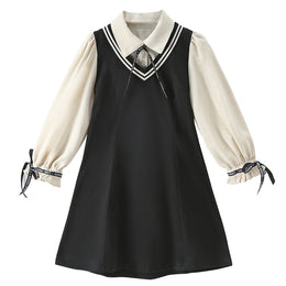 Black Girls Colourblocked Puff Sleeve Bow Detailed Cotton Shirt Midi Dress