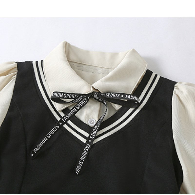 Black Girls Colourblocked Puff Sleeve Bow Detailed Cotton Shirt Midi Dress