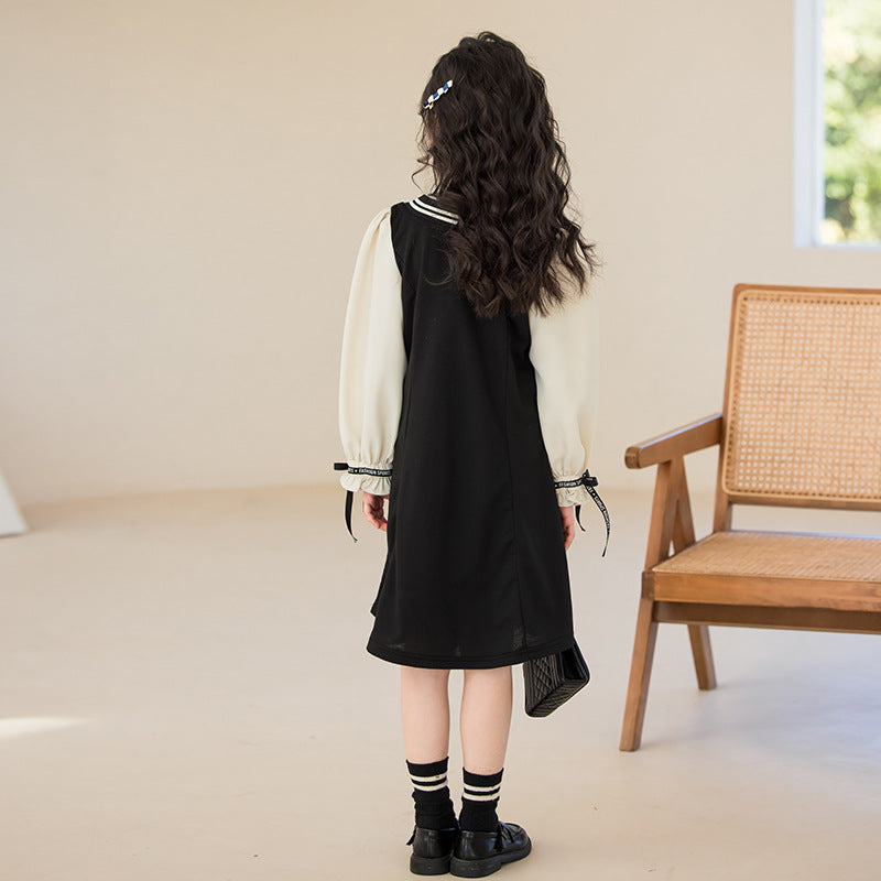 Black Girls Colourblocked Puff Sleeve Bow Detailed Cotton Shirt Midi Dress