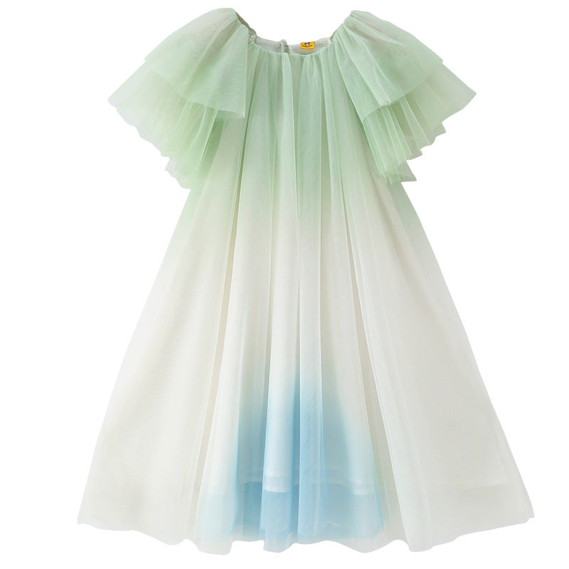 Girls White & Green Ombre Dyed Flutter Sleeve Cotton A-Line Midi Dress