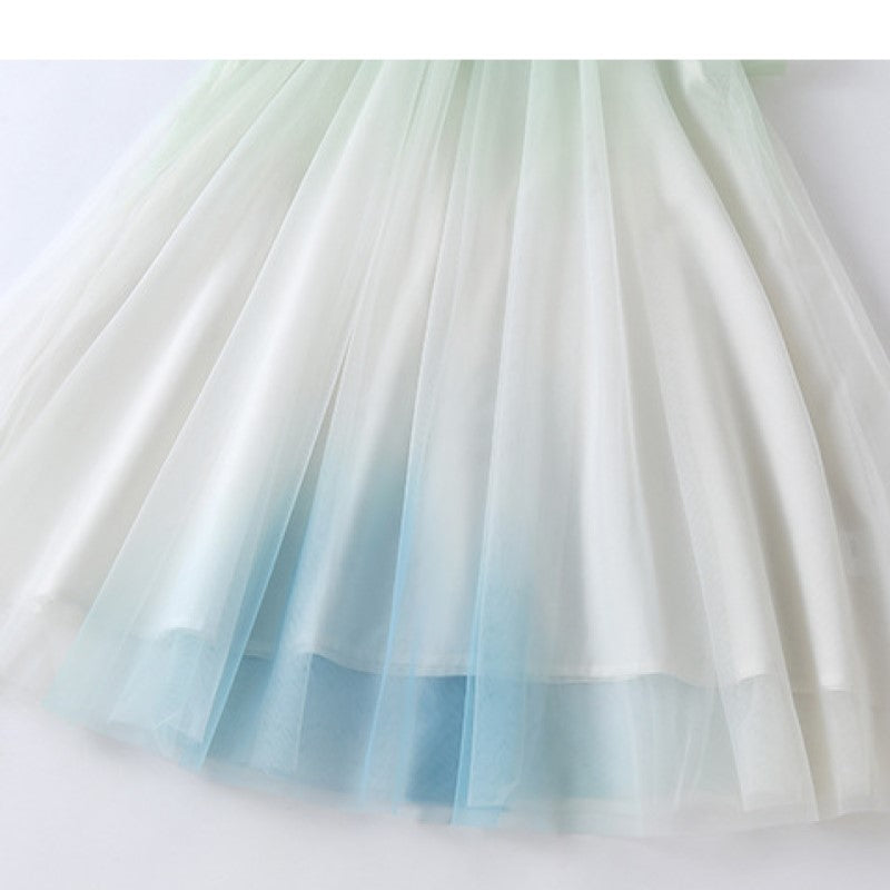 Girls White & Green Ombre Dyed Flutter Sleeve Cotton A-Line Midi Dress