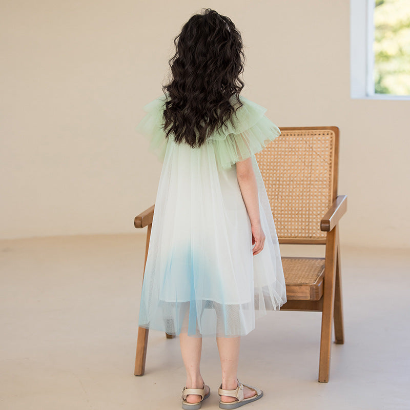 Girls White & Green Ombre Dyed Flutter Sleeve Cotton A-Line Midi Dress