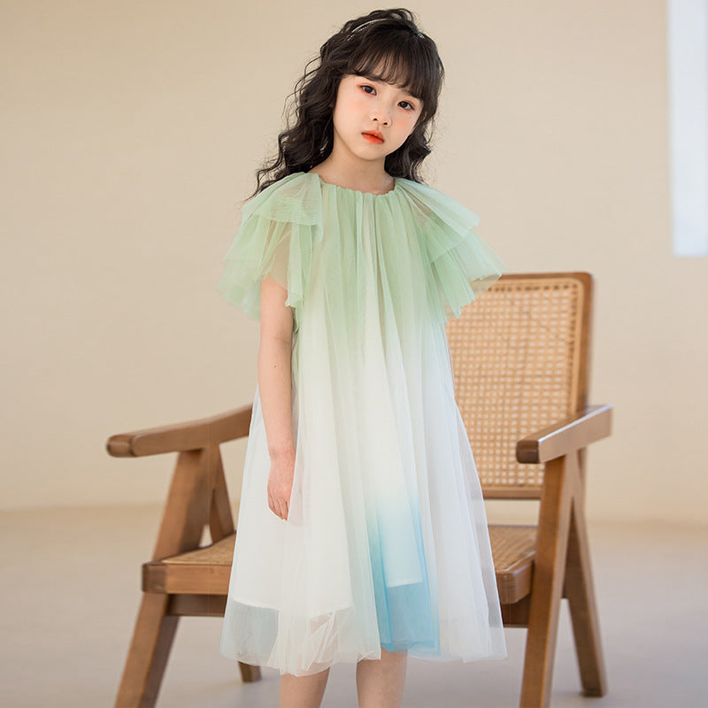 Girls White & Green Ombre Dyed Flutter Sleeve Cotton A-Line Midi Dress