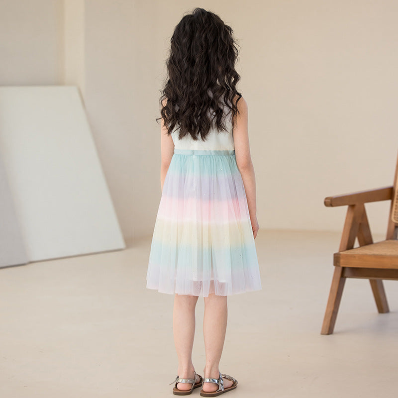 Girls White Colourblocked Cotton Fit and Flare Midi Dress