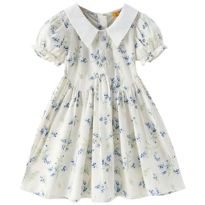 Girls Beige Floral Printed Peter Pan Collar Fit & Flare Dress