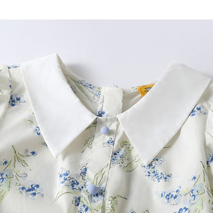 Girls Beige Floral Printed Peter Pan Collar Fit & Flare Dress