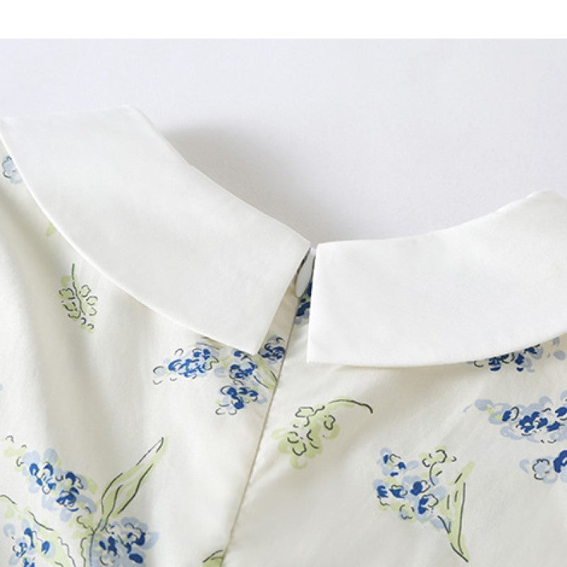 Girls Beige Floral Printed Peter Pan Collar Fit & Flare Dress