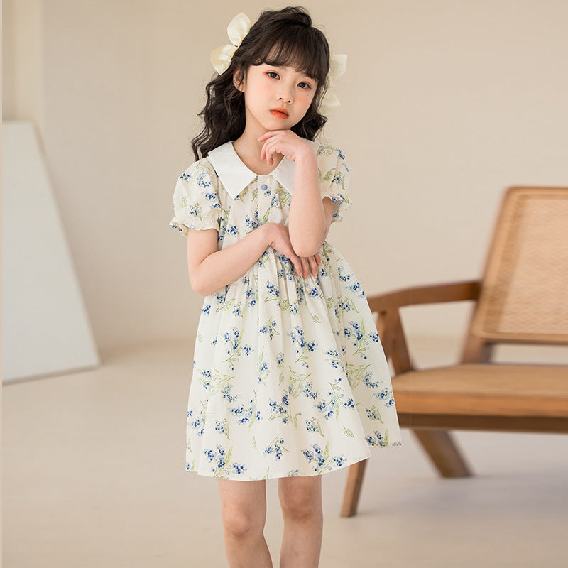 Girls Beige Floral Printed Peter Pan Collar Fit & Flare Dress
