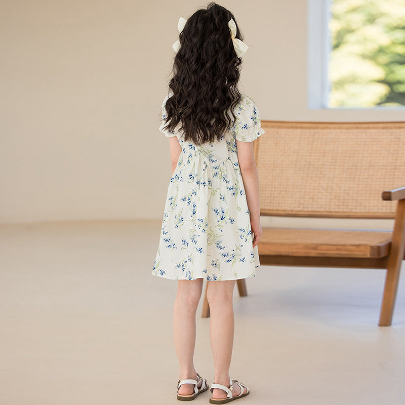 Girls Beige Floral Printed Peter Pan Collar Fit & Flare Dress