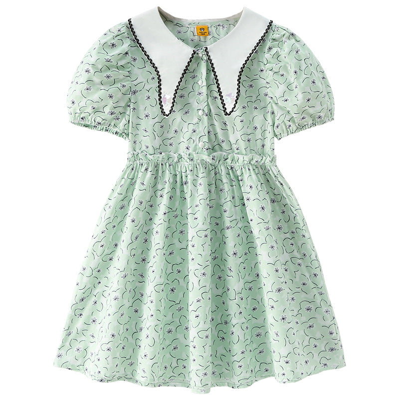 Girls Green Floral Printed Peter Pan Collar Puff Sleeve Cotton A-Line Dress