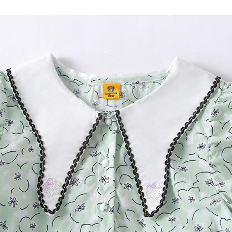 Girls Green Floral Printed Peter Pan Collar Puff Sleeve Cotton A-Line Dress