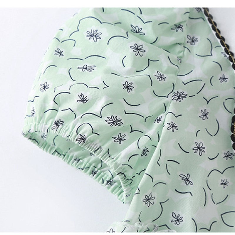 Girls Green Floral Printed Peter Pan Collar Puff Sleeve Cotton A-Line Dress