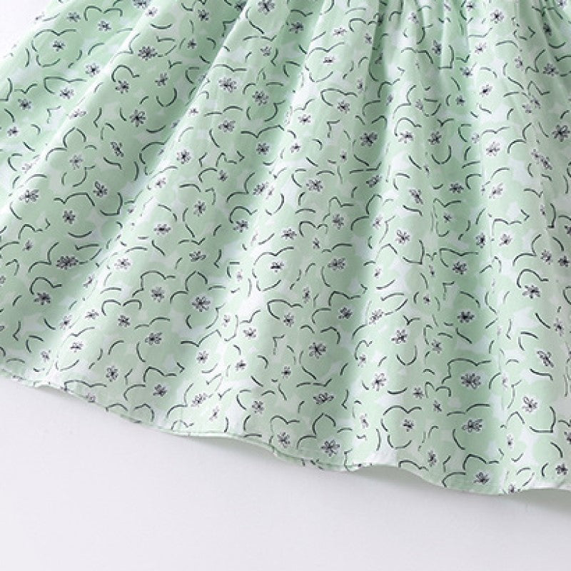 Girls Green Floral Printed Peter Pan Collar Puff Sleeve Cotton A-Line Dress