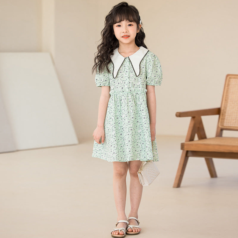 Girls Green Floral Printed Peter Pan Collar Puff Sleeve Cotton A-Line Dress