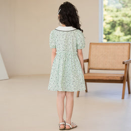 Girls Green Floral Printed Peter Pan Collar Puff Sleeve Cotton A-Line Dress