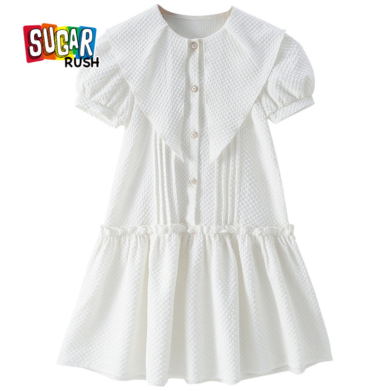 Girls White Geometric Self Design Cotton Puff Sleeve Knee Length A-Line Dress