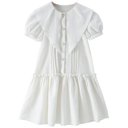 Girls White Geometric Self Design Cotton Puff Sleeve Knee Length A-Line Dress