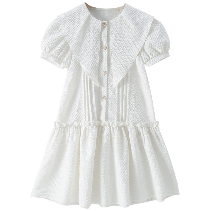 Girls White Geometric Self Design Cotton Puff Sleeve Knee Length A-Line Dress
