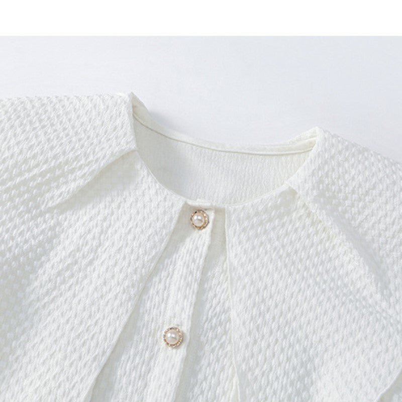 Girls White Geometric Self Design Cotton Puff Sleeve Knee Length A-Line Dress