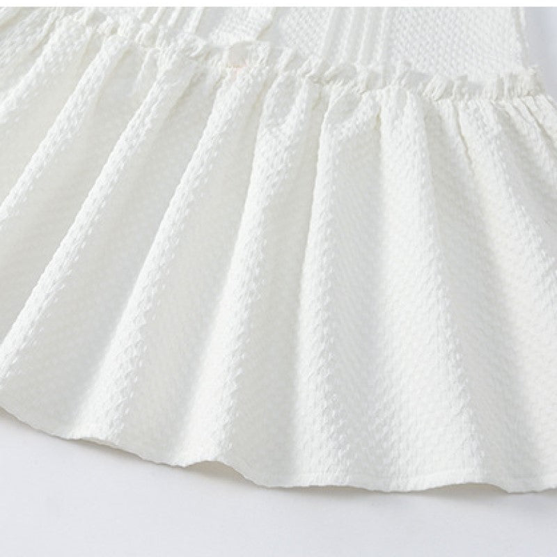 Girls White Geometric Self Design Cotton Puff Sleeve Knee Length A-Line Dress