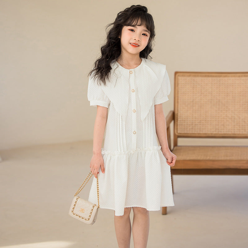 Girls White Geometric Self Design Cotton Puff Sleeve Knee Length A-Line Dress