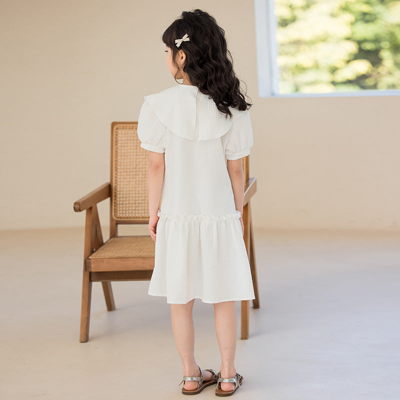 Girls White Geometric Self Design Cotton Puff Sleeve Knee Length A-Line Dress