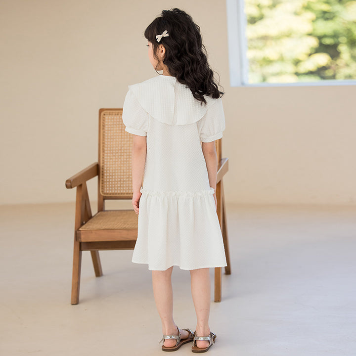 Girls White Geometric Self Design Cotton Puff Sleeve Knee Length A-Line Dress