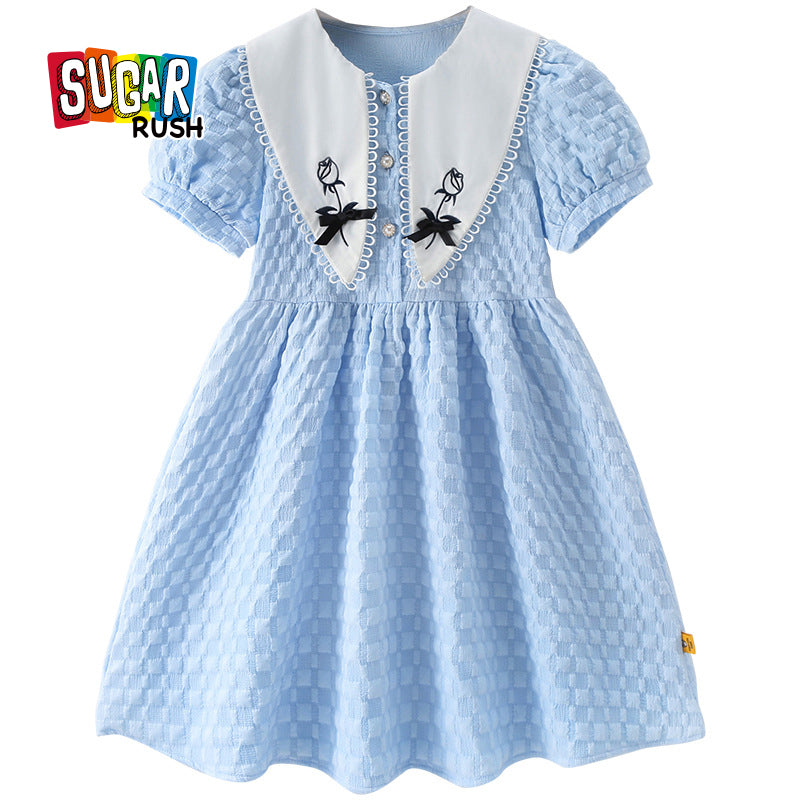 Girls Blue Puff Sleeve Bow Detailed Cotton Fit & Flare Midi Dress