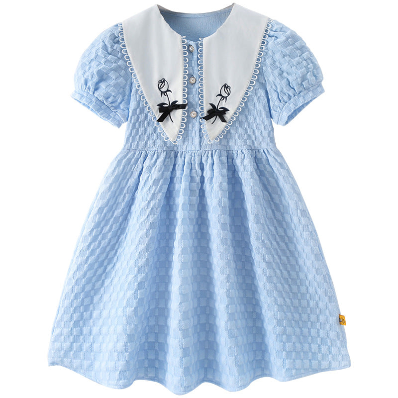 Girls Blue Puff Sleeve Bow Detailed Cotton Fit & Flare Midi Dress
