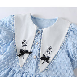 Girls Blue Puff Sleeve Bow Detailed Cotton Fit & Flare Midi Dress