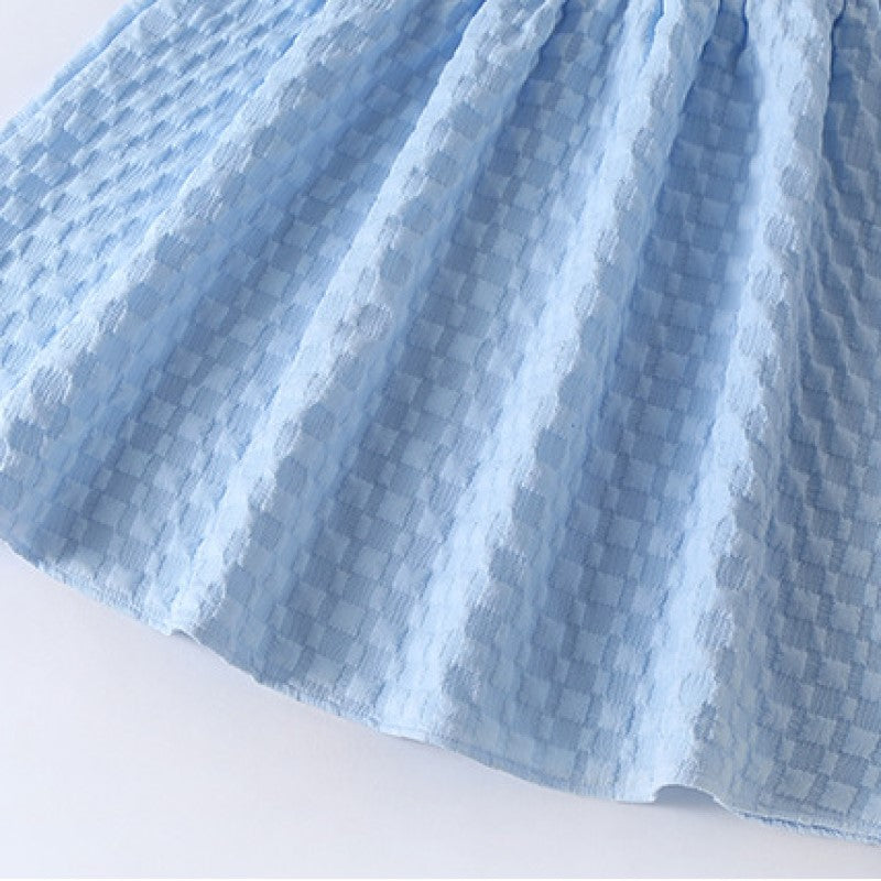 Girls Blue Puff Sleeve Bow Detailed Cotton Fit & Flare Midi Dress